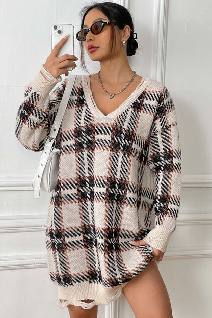 Plaid V-Neck Long Sleeve Sweater Dress