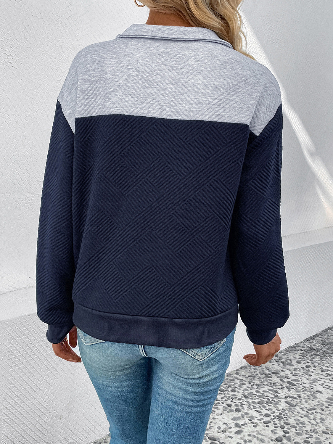 Perfee Textured Contrast Half Button Sweatshirt