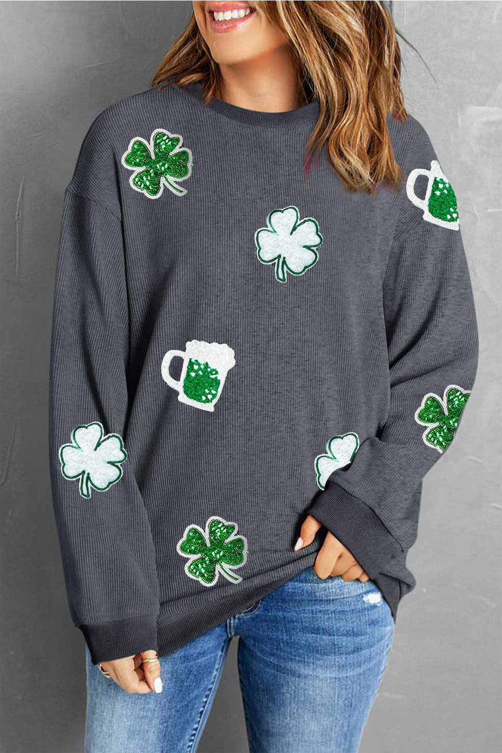 Lucky Clover Beer Sequin Round Neck Sweatshirt