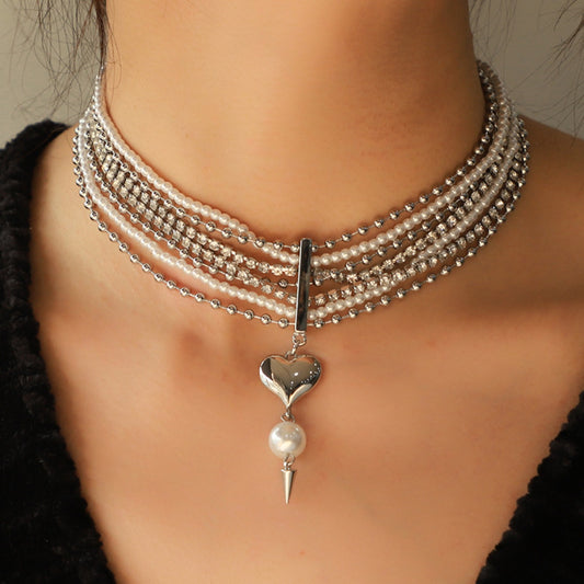 Layered Synthetic Pearl Rhinestone Heart Pendant Necklace