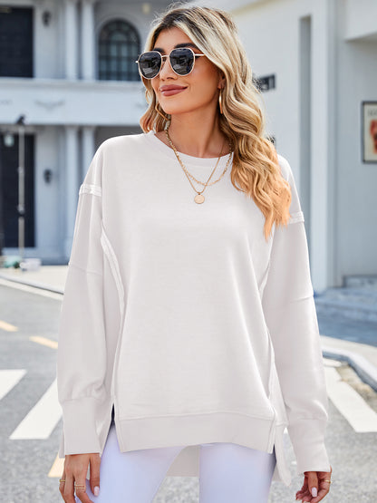 Lovelet Exposed Seam High-Low Round Neck Sweatshirt