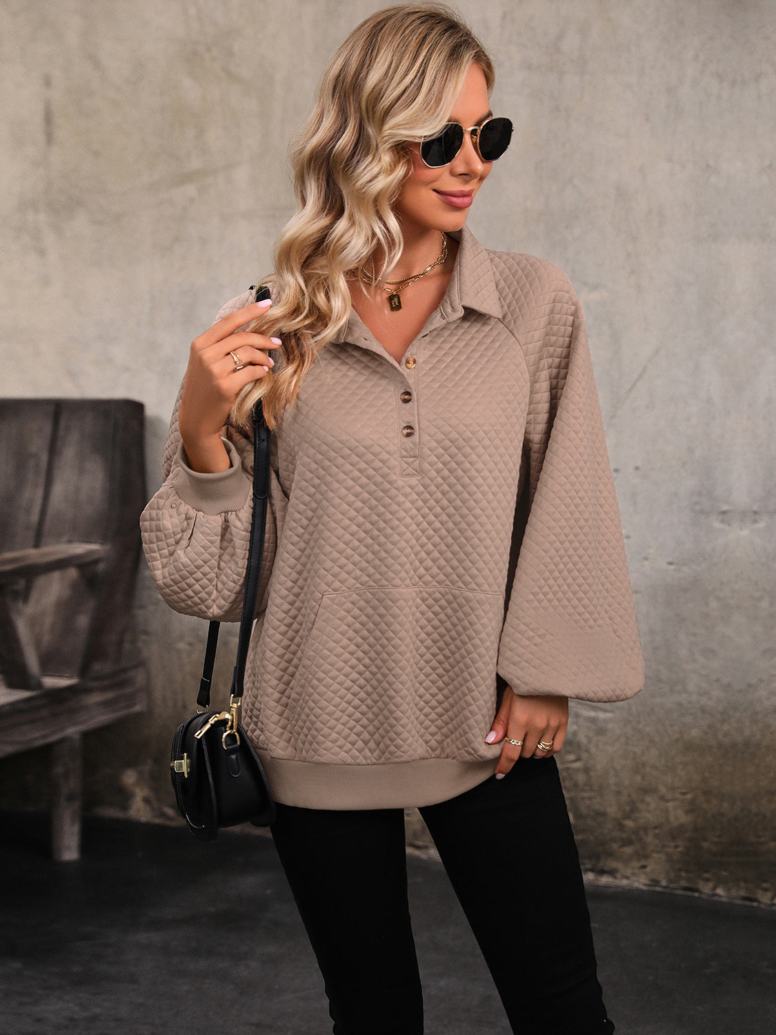 Perfee Collared Neck Buttoned Sweatshirt with Pocket