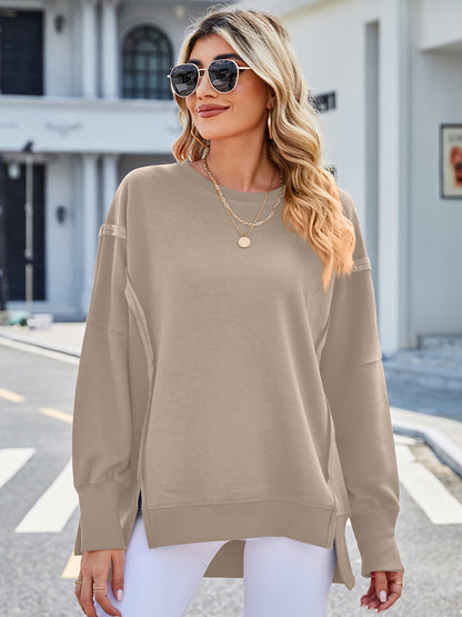 Lovelet Exposed Seam High-Low Round Neck Sweatshirt