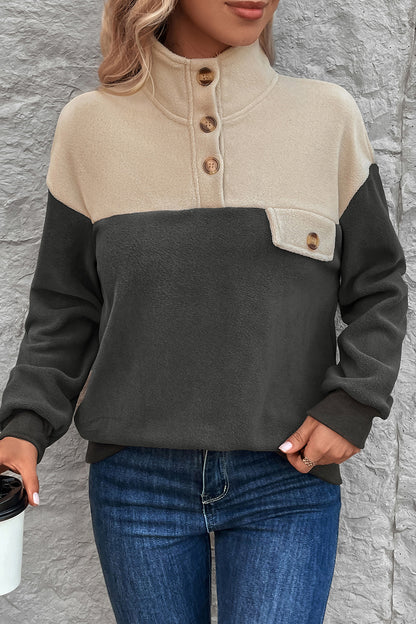 Perfee Color Block Quarter Button Dropped Shoulder Sweatshirt