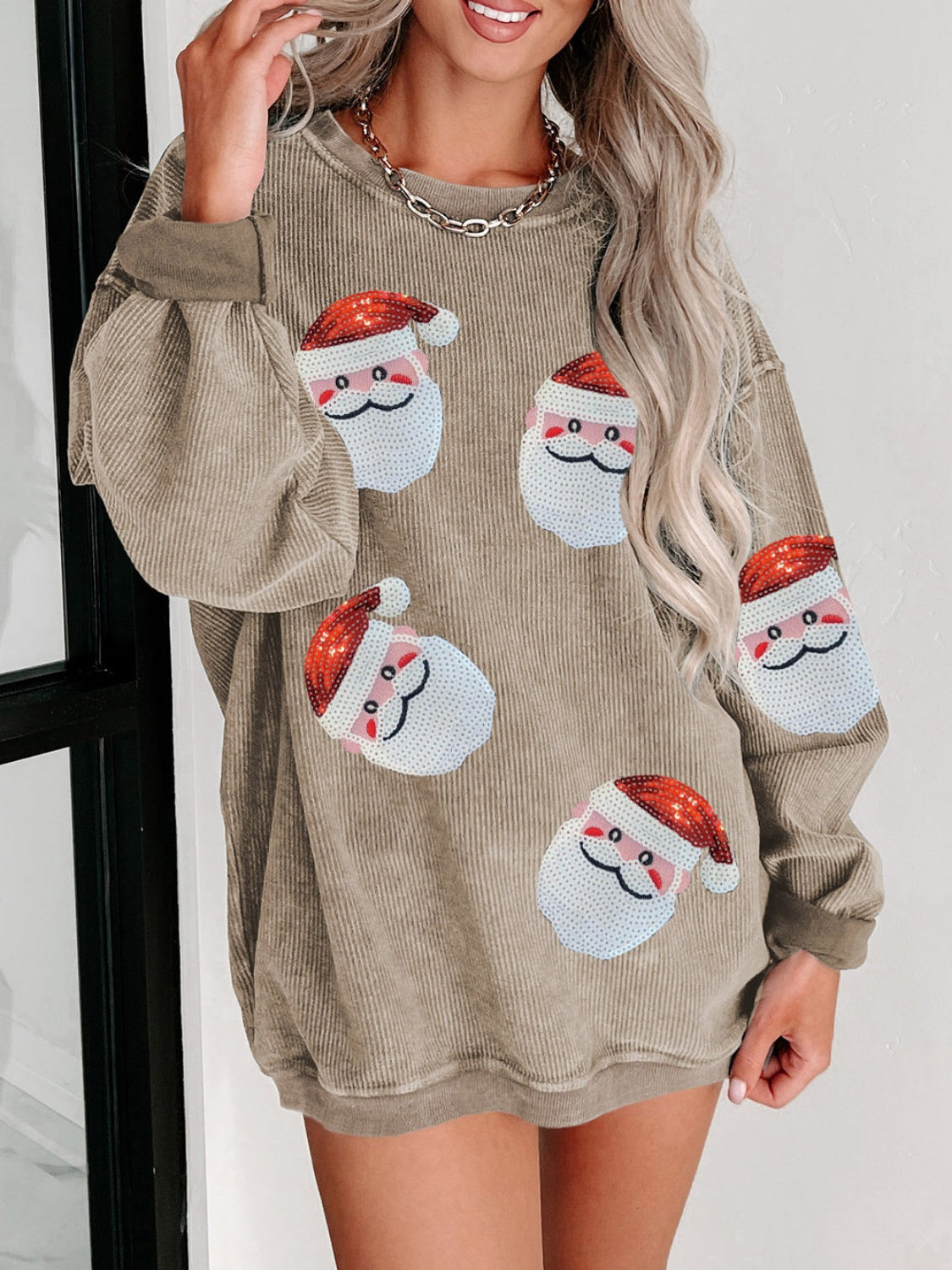 Sequin Santa Patch Ribbed Sweatshirt