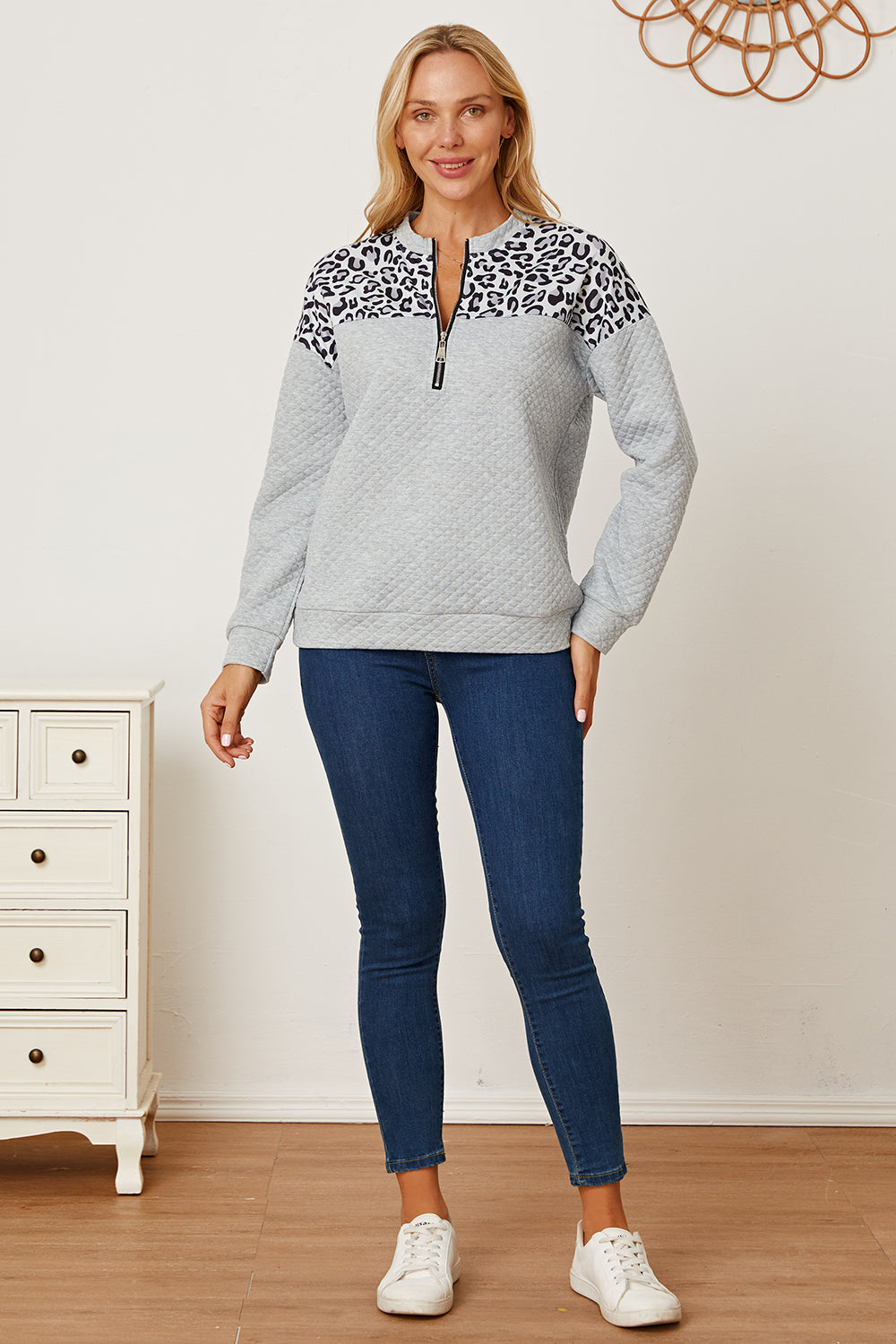 MeiMei Leopard Half Zip Dropped Shoulder Sweatshirt