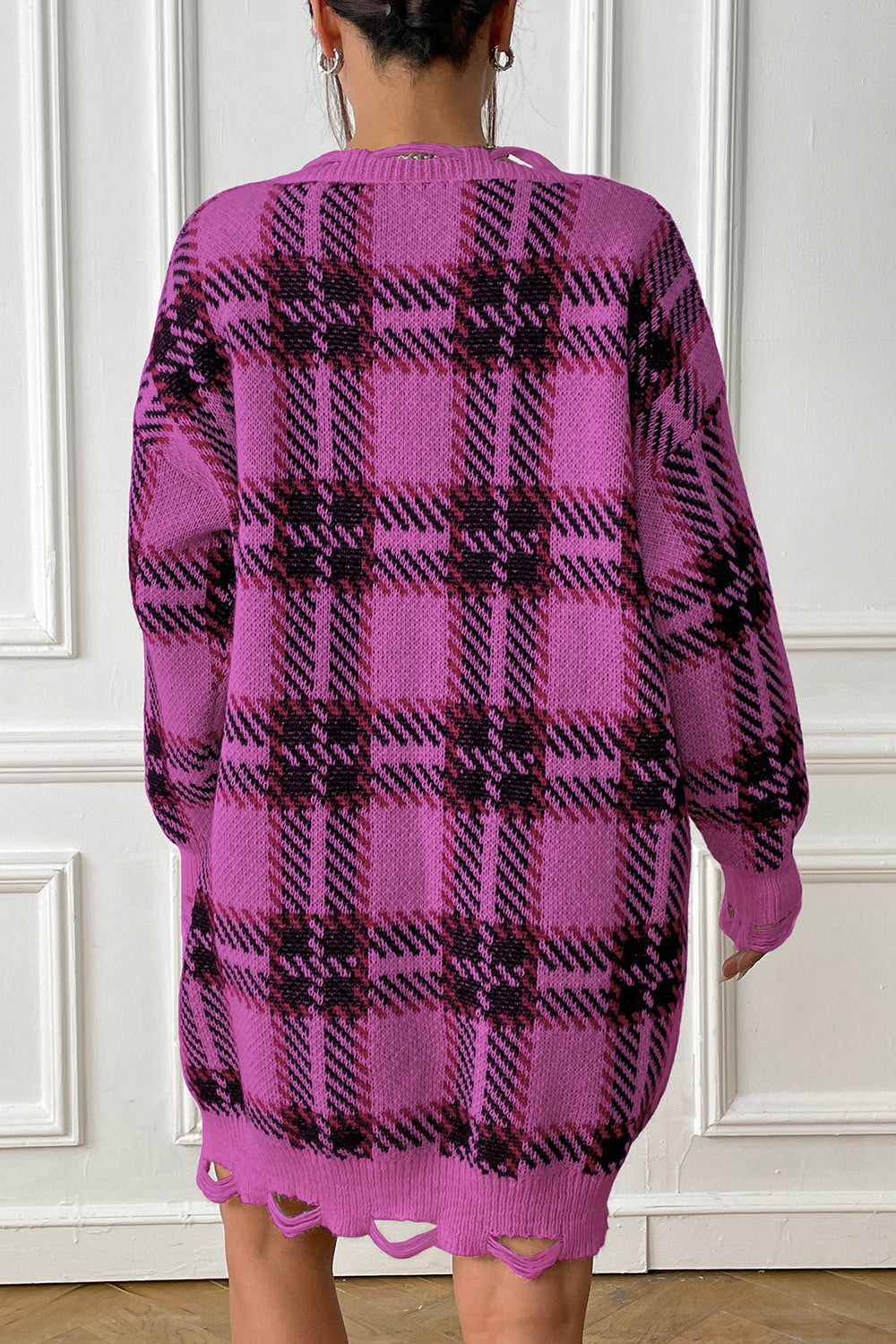 Plaid V-Neck Long Sleeve Sweater Dress