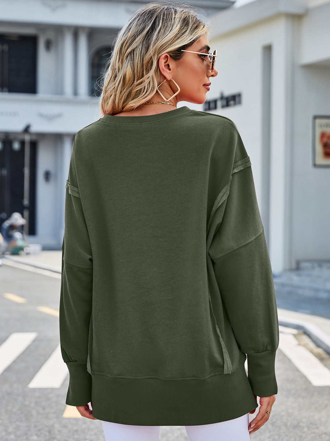 Lovelet Exposed Seam High-Low Round Neck Sweatshirt