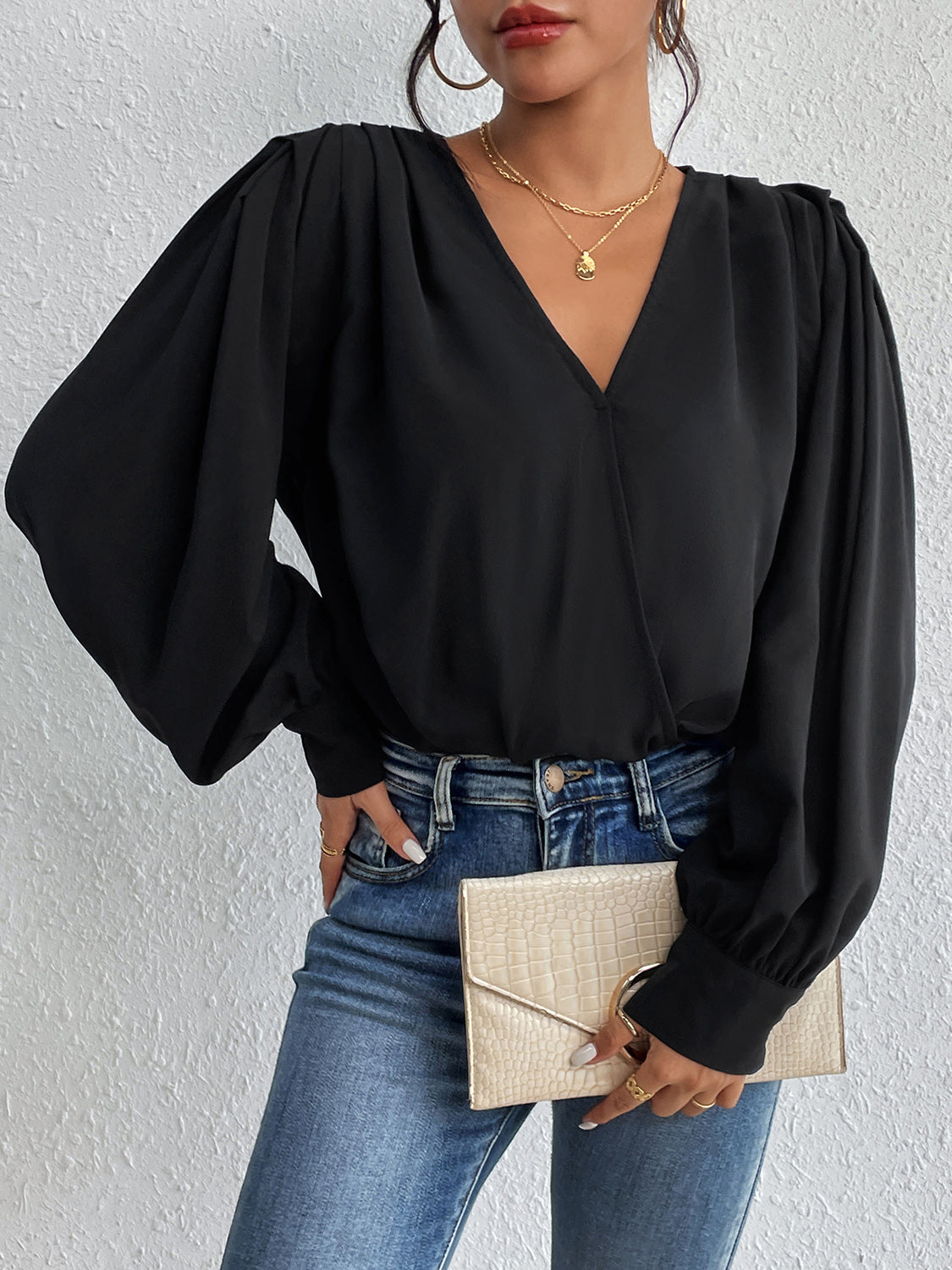 Perfee Surplice Ruched Long Sleeve Bodysuit