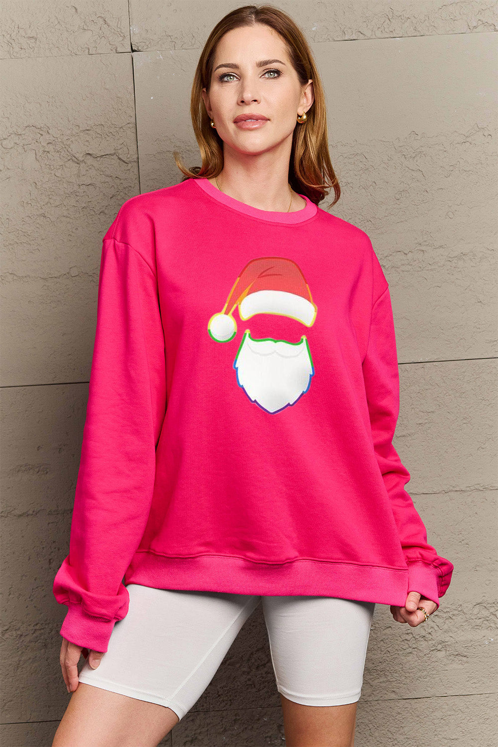 Simply Love Full Size Rainbow Santa Graphic Round Neck Sweatshirt