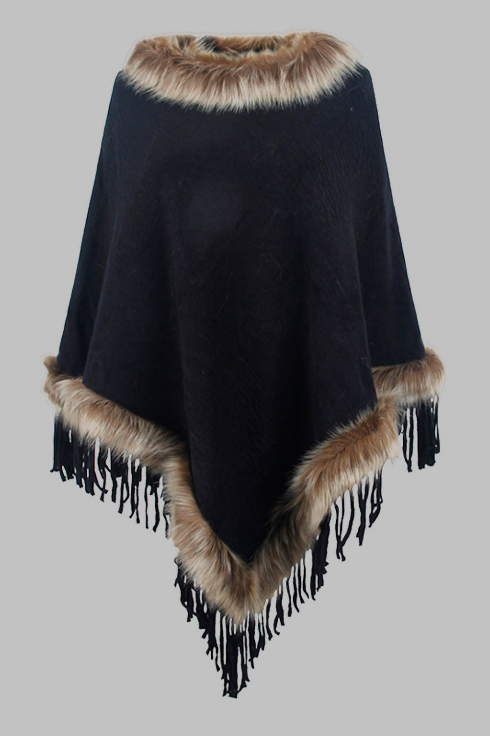 Faux Fur Trim Fringed Poncho