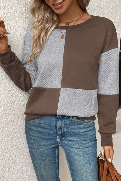 Perfee Textured Color Block Round Neck Sweatshirt