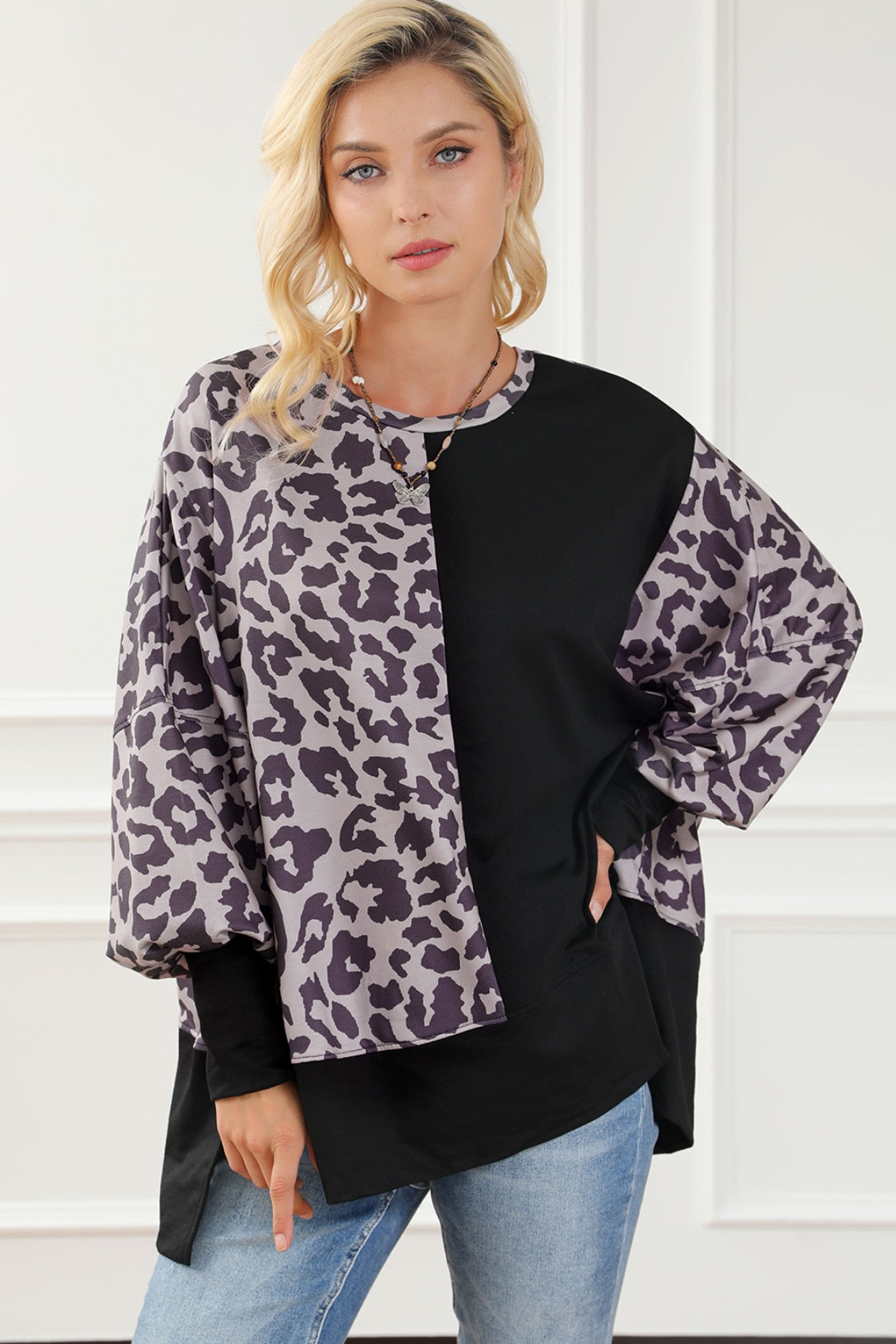 Leopard Round Neck Lantern Sleeve Slit Sweatshirt