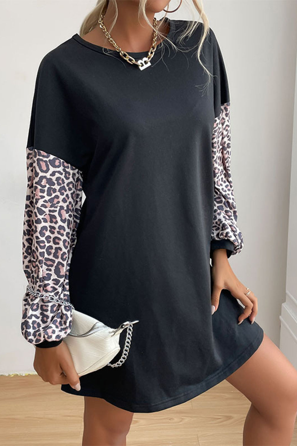 Perfee Leopard Print Sleeve Sweatshirt Dress