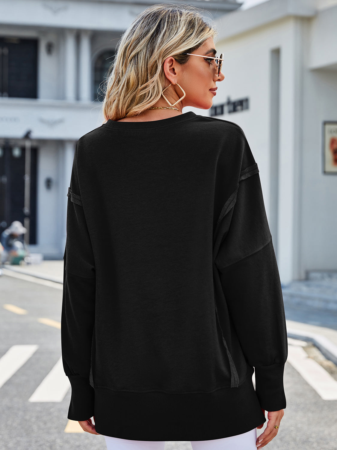 Lovelet Exposed Seam High-Low Round Neck Sweatshirt