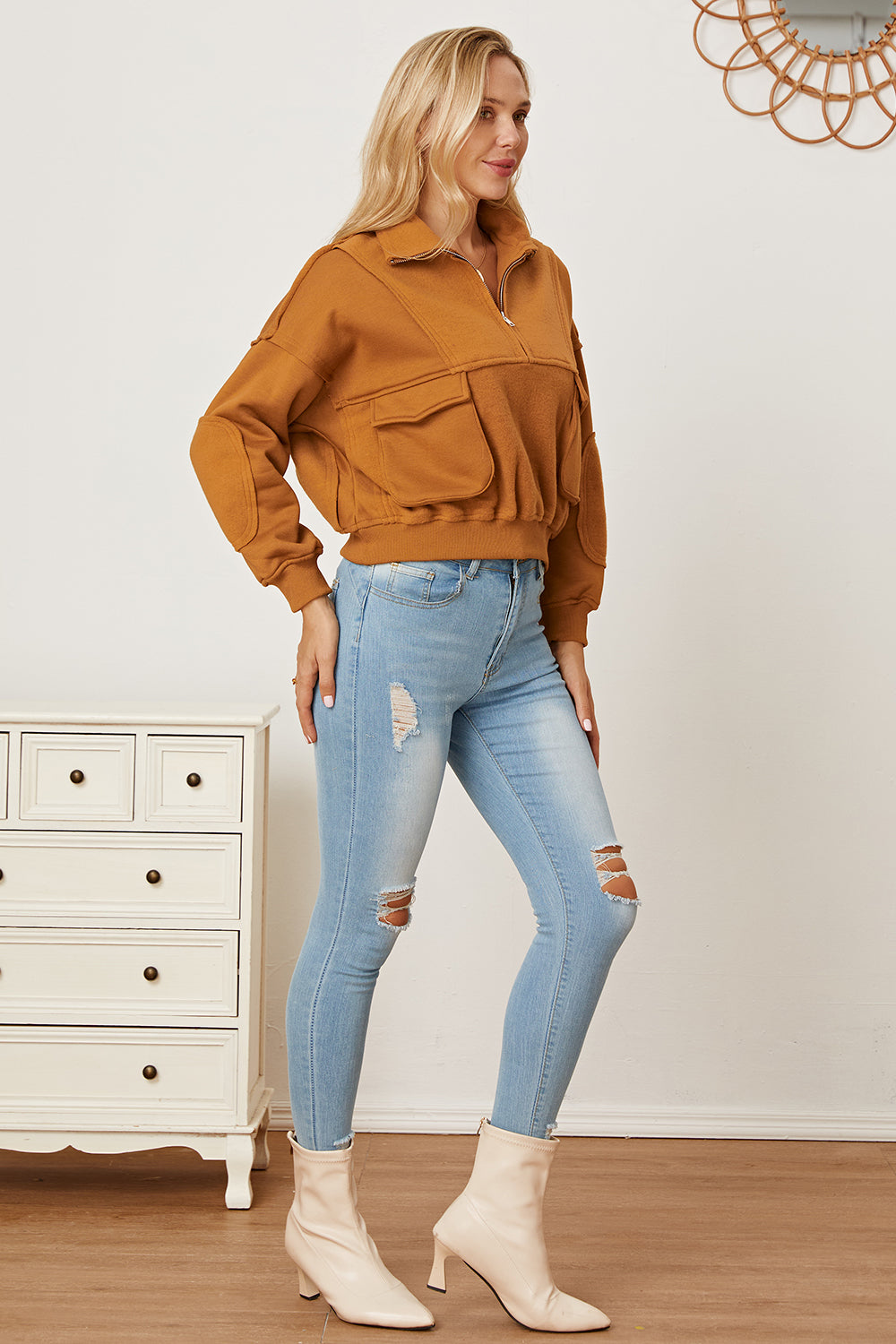 MeiMei Half Zip Long Sleeve Sweatshirt with Pockets