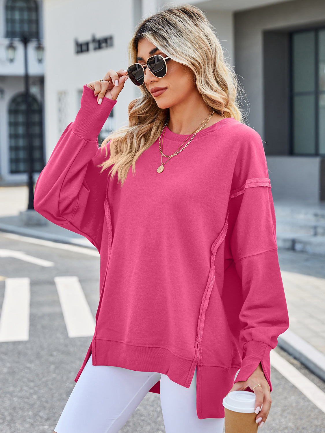 Lovelet Exposed Seam High-Low Round Neck Sweatshirt