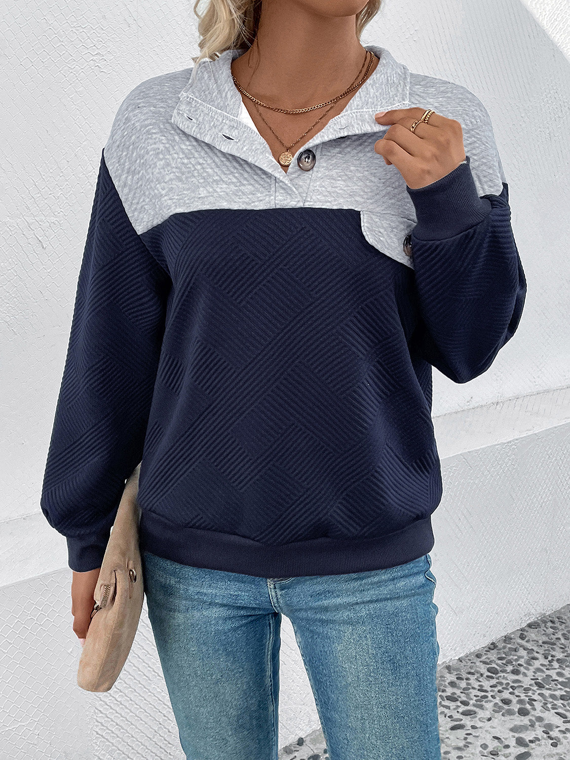 Perfee Textured Contrast Half Button Sweatshirt