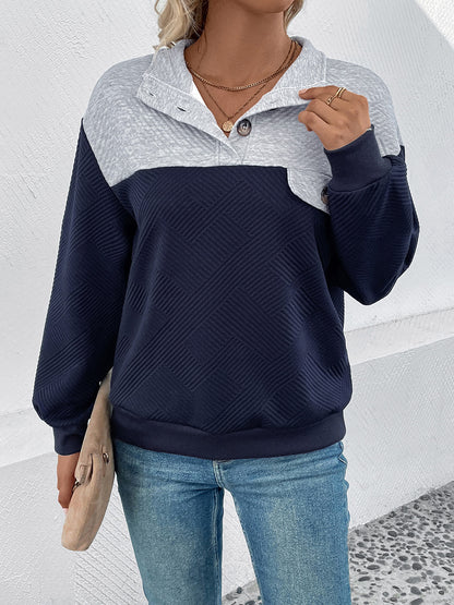 Perfee Textured Contrast Half Button Sweatshirt