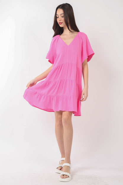 VERY J Texture V-Neck Ruffled Tiered Dress