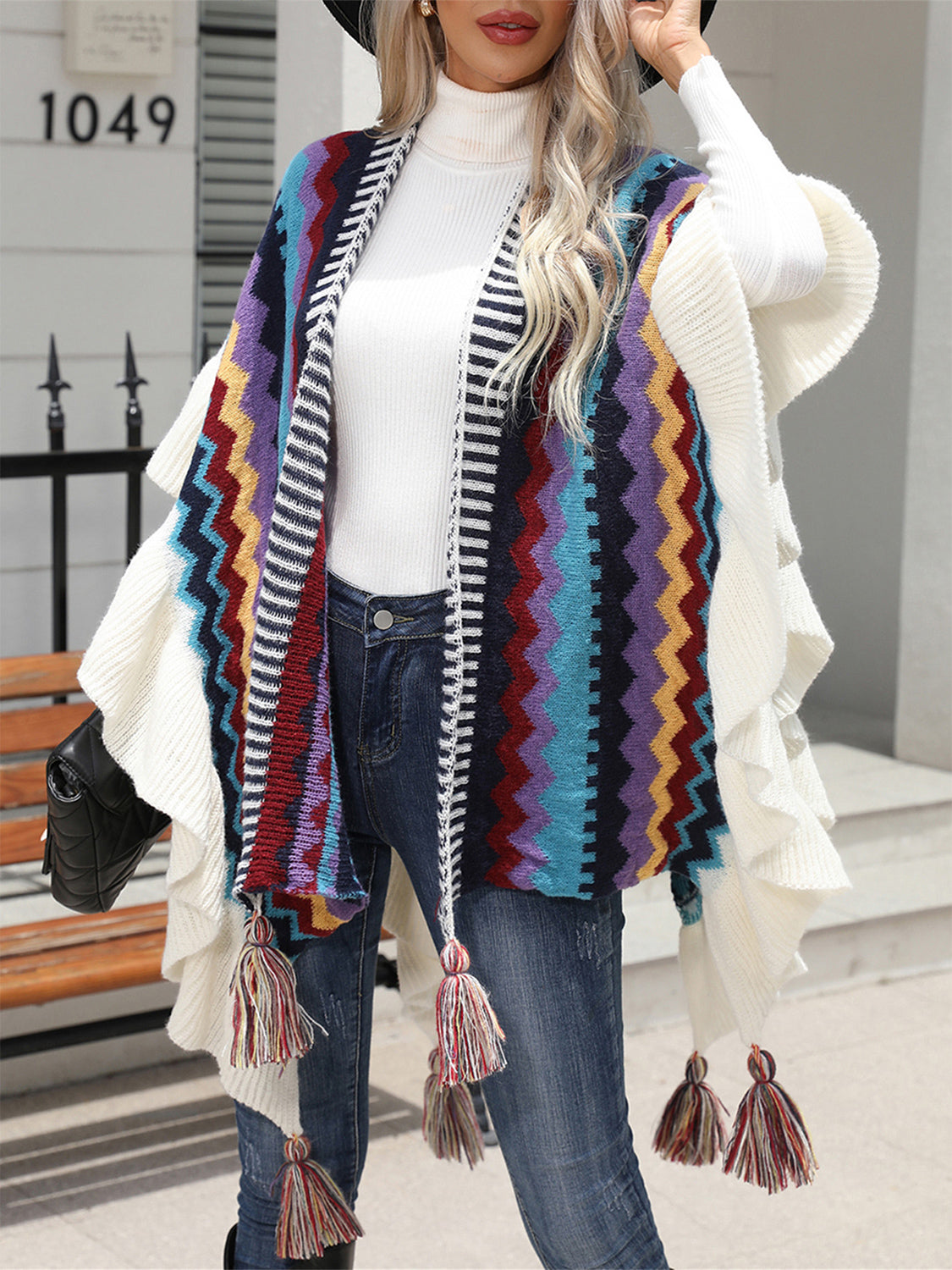 Striped Open Front Poncho with Tassels