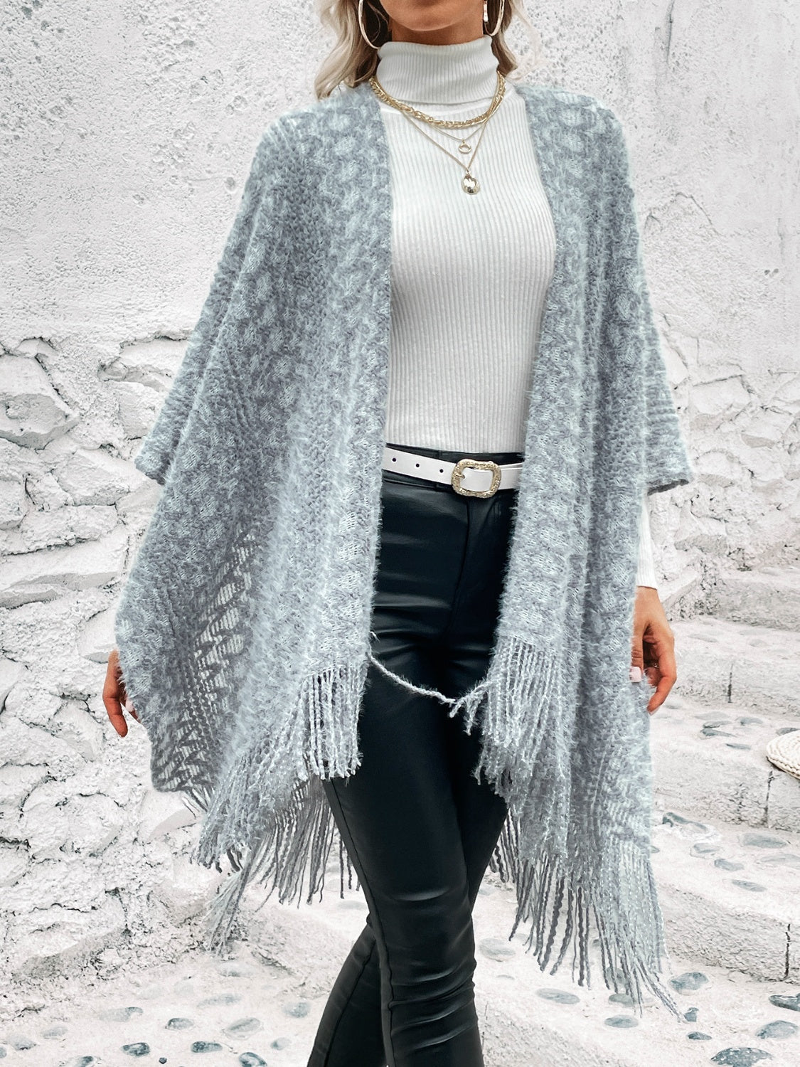 Open Front Fringe Hem Poncho