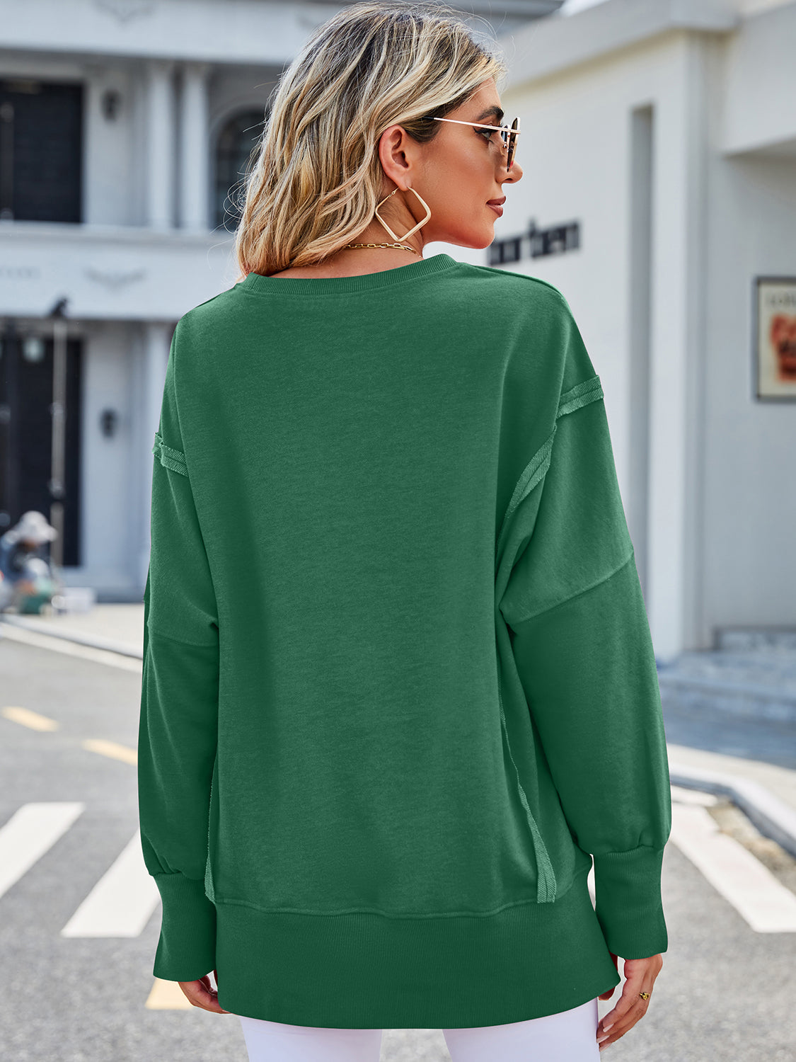 Lovelet Exposed Seam High-Low Round Neck Sweatshirt