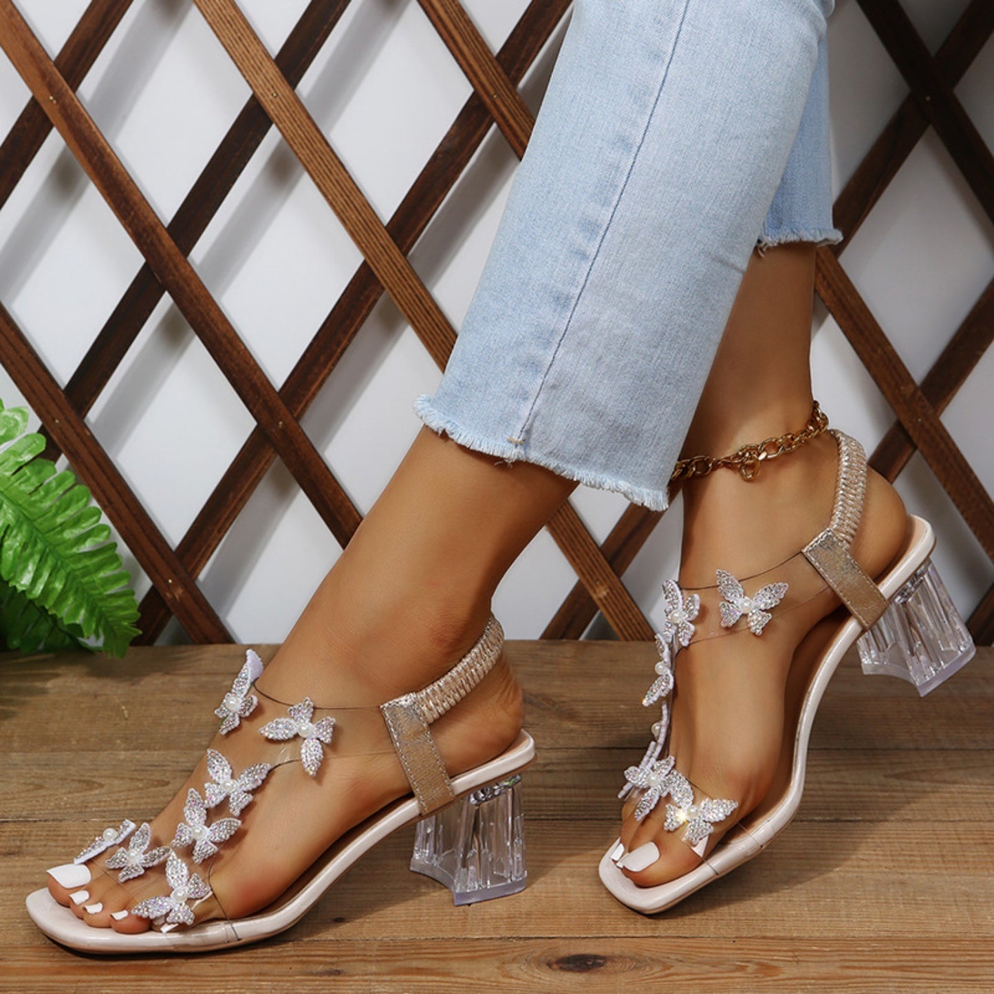 Butterfly Detail Open Toe Mid Heel Sandals