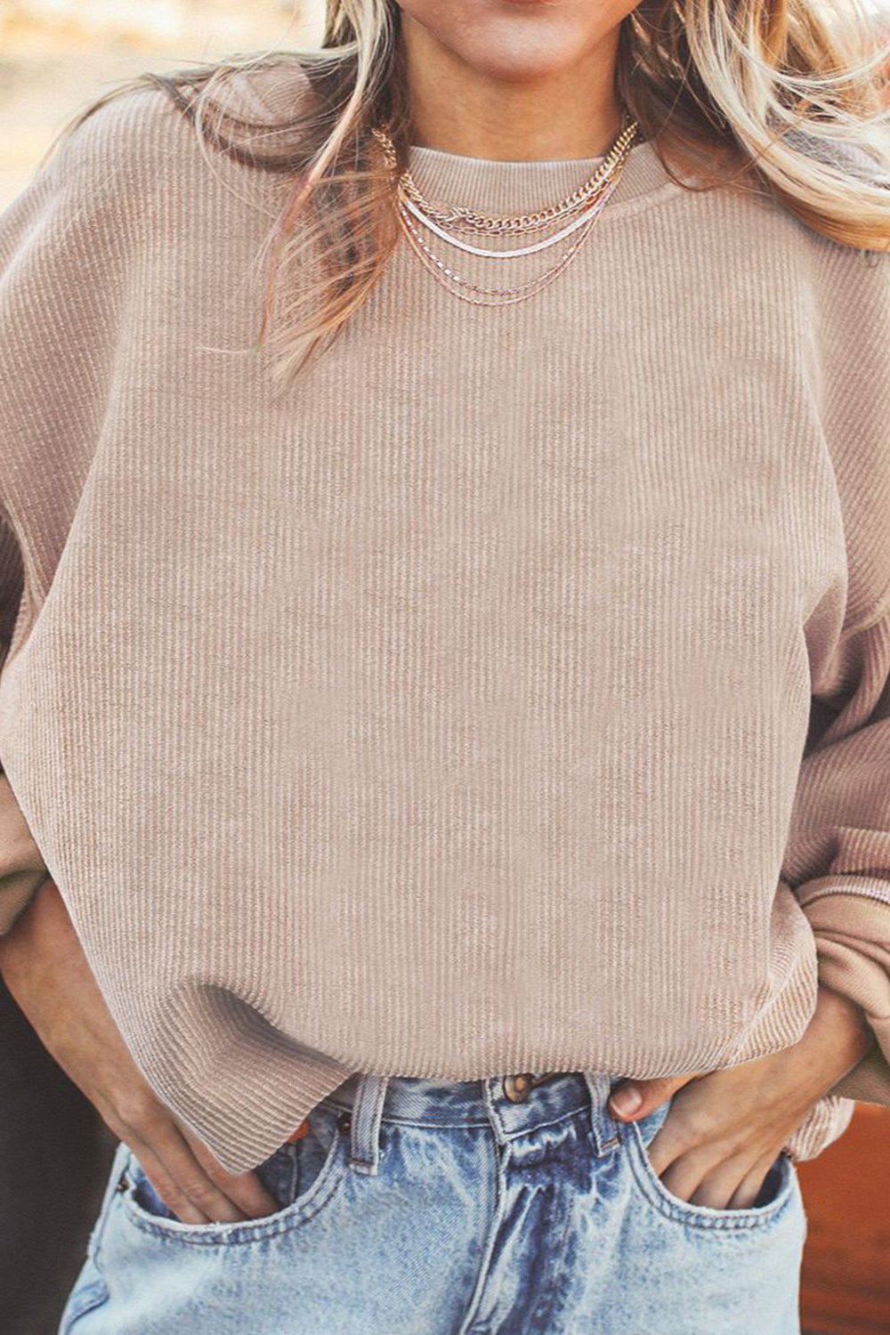 Ribbed Round Neck Drop Shoulder Sweatshirt