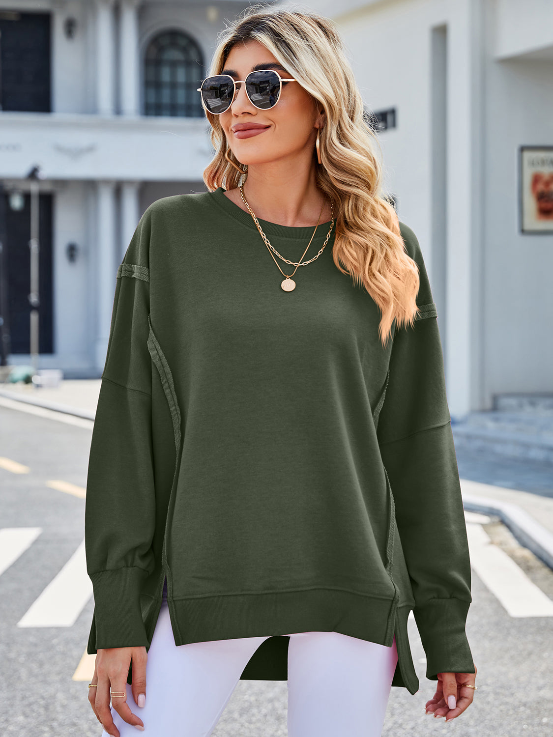 Lovelet Exposed Seam High-Low Round Neck Sweatshirt