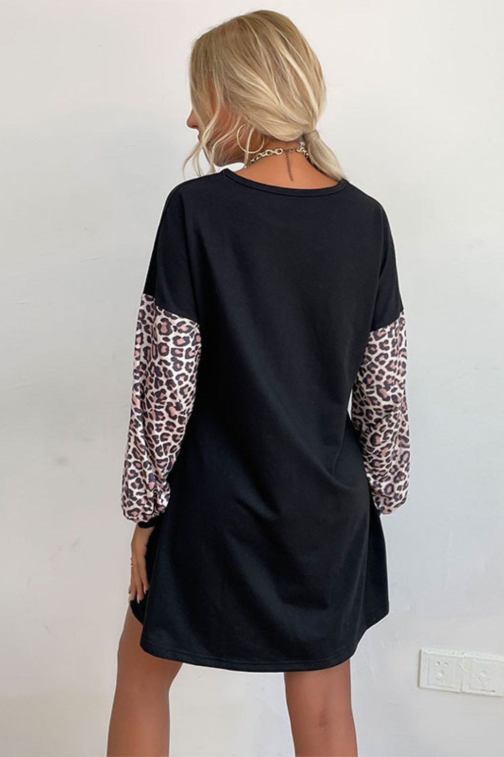 Perfee Leopard Print Sleeve Sweatshirt Dress