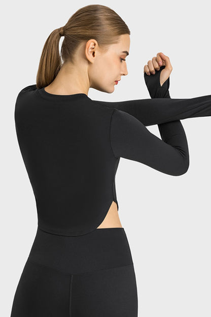 Millennia Side Slit Long Sleeve Round Neck Crop Top