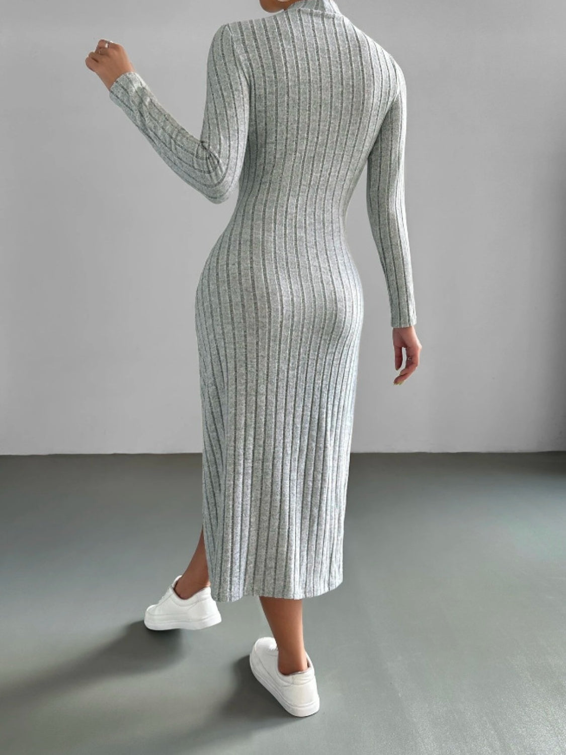 Ribbed Mock Neck Long Sleeve Midi Sweater Dress