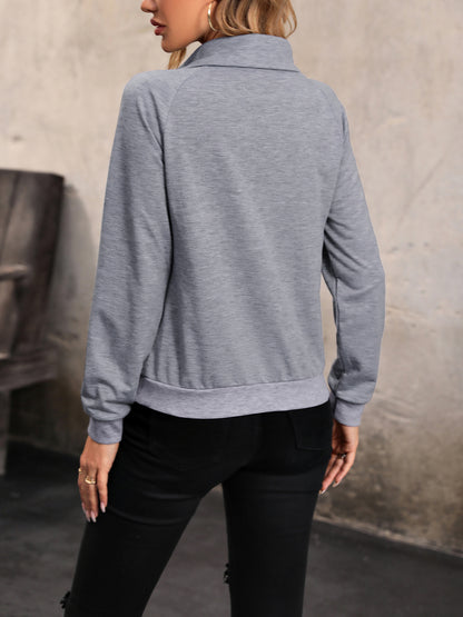 Perfee Mock Neck Raglan Sleeve Buttoned Sweatshirt