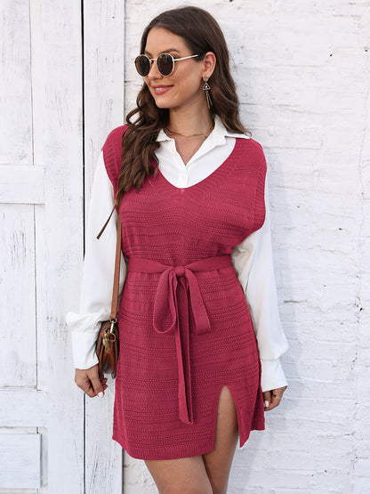 Tie Front V-Neck Sleeveless Slit Sweater Dress