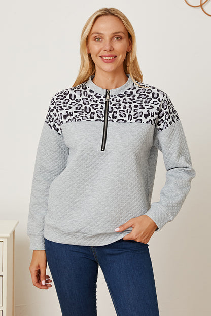 MeiMei Leopard Half Zip Dropped Shoulder Sweatshirt