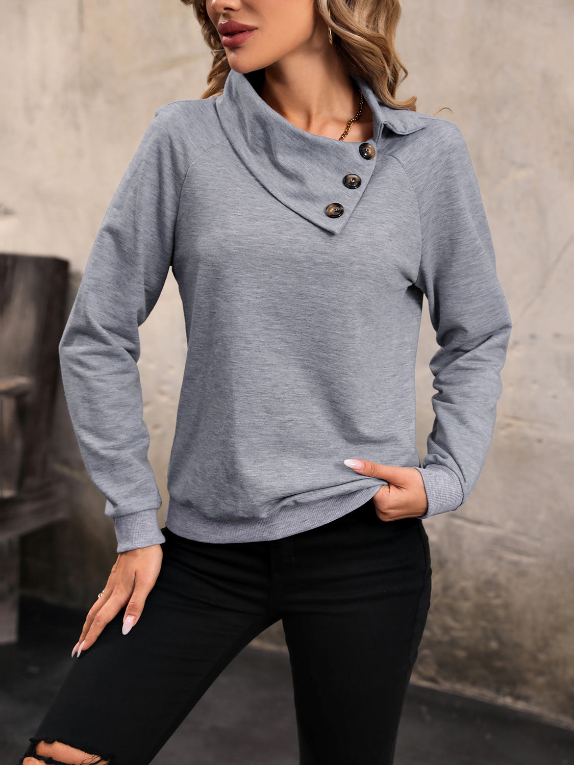 Perfee Mock Neck Raglan Sleeve Buttoned Sweatshirt