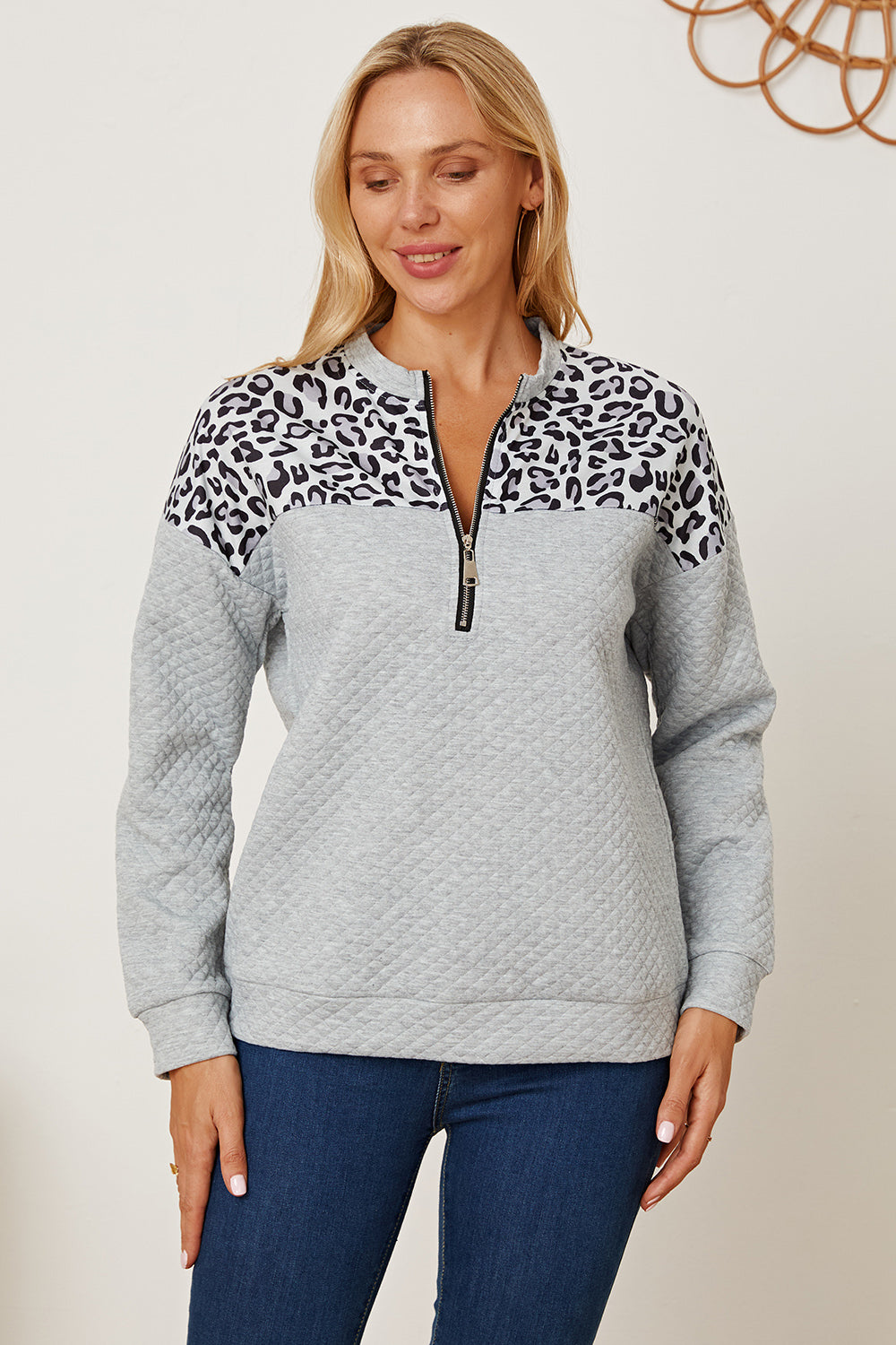 MeiMei Leopard Half Zip Dropped Shoulder Sweatshirt