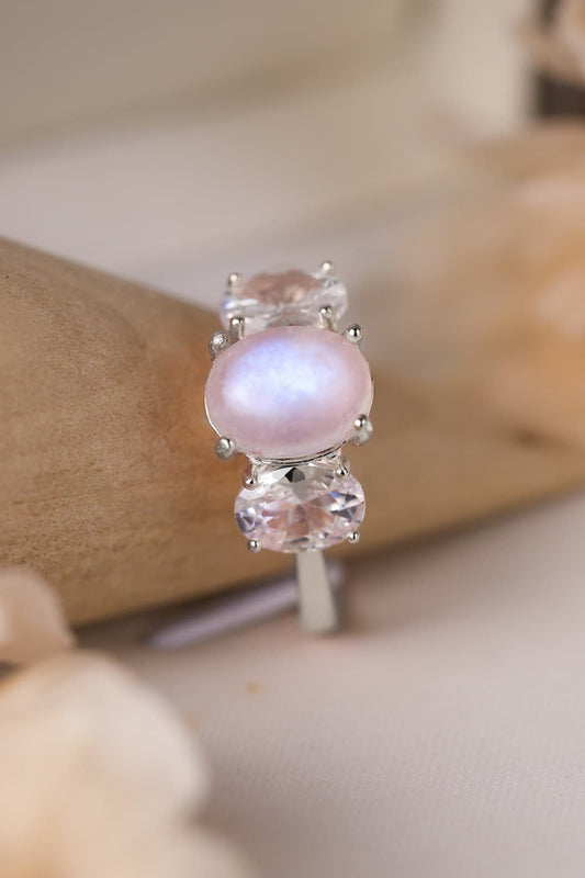 High Quality Natural Moonstone 925 Sterling Silver Three Stone Ring