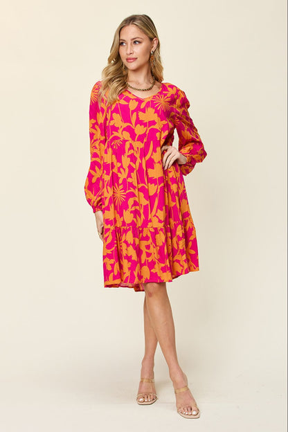 Double Take Full Size Printed Ruffle Hem Dress with Pocket