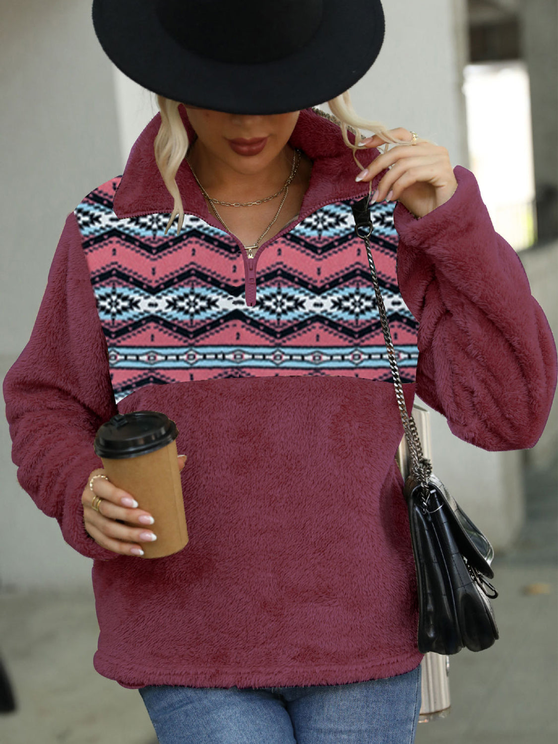 Geometric Quarter-Zip Collared Sweatshirt