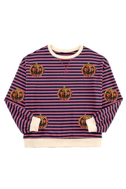 Pumpkin Striped Round Neck Long Sleeve Sweatshirt