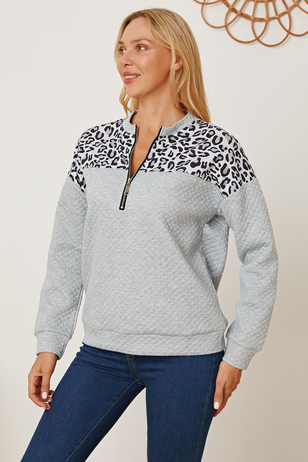 MeiMei Leopard Half Zip Dropped Shoulder Sweatshirt