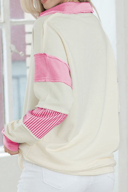 Striped Contrast Johnny Collar Dropped Shoulder Sweatshirt