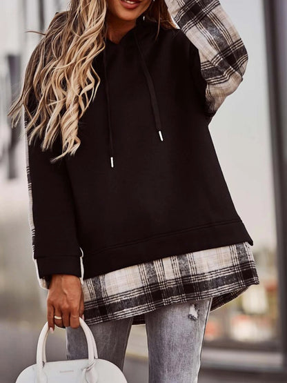 MeiMei Plaid Drawstring Dropped Shoulder Hoodie