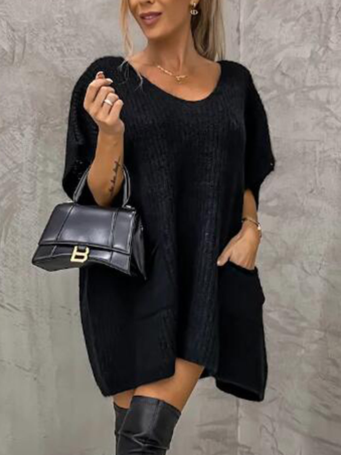 Short Sleeve Sweater Dress with Pockets