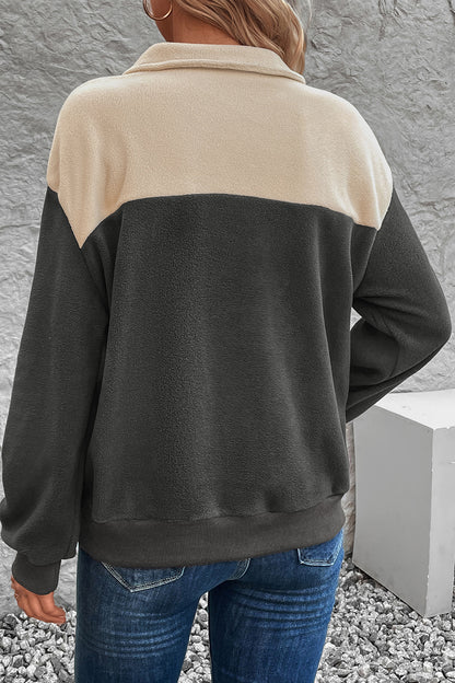 Perfee Color Block Quarter Button Dropped Shoulder Sweatshirt