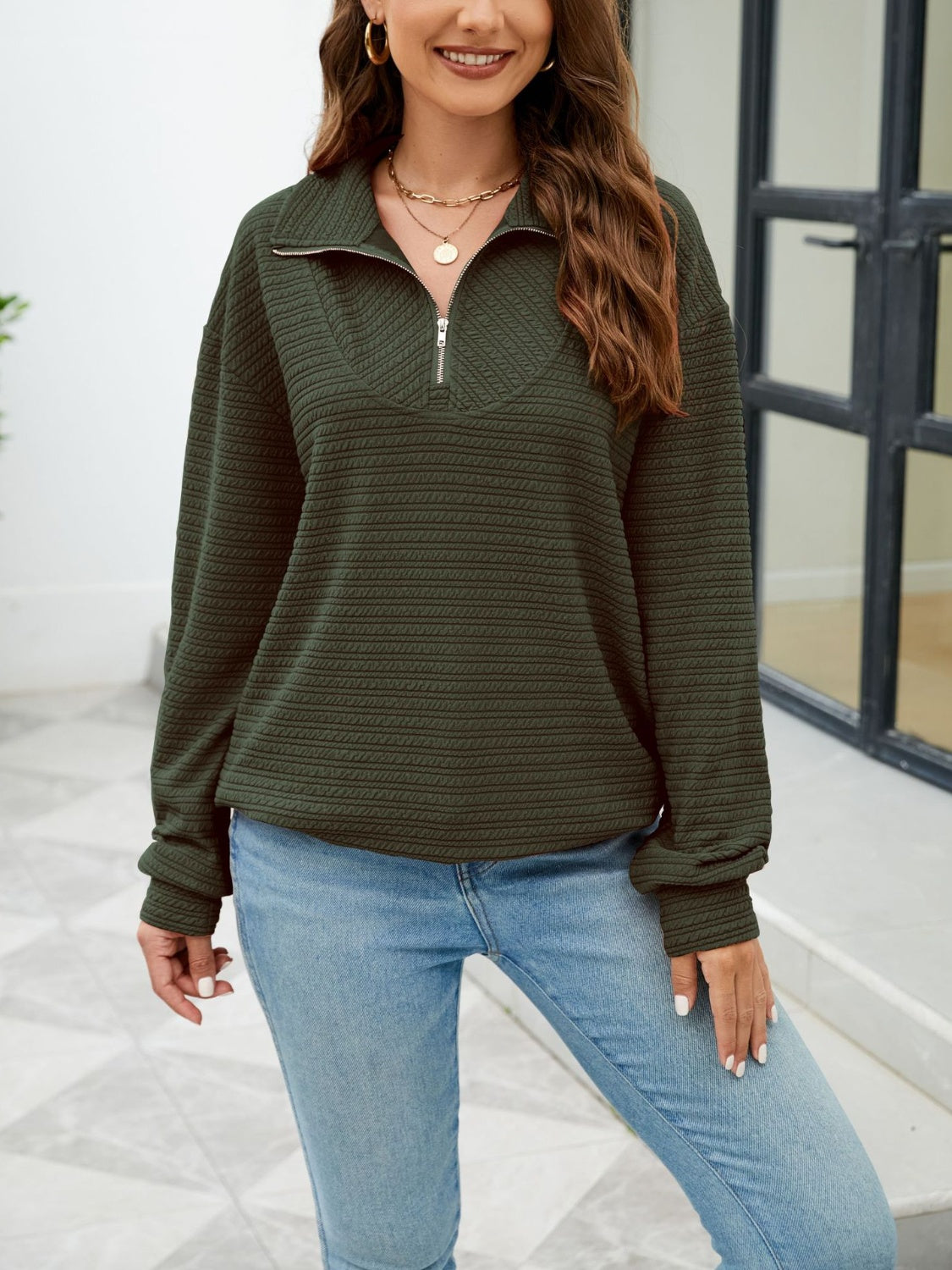 Quarter-Zip Collared Drop Shoulder Sweatshirt