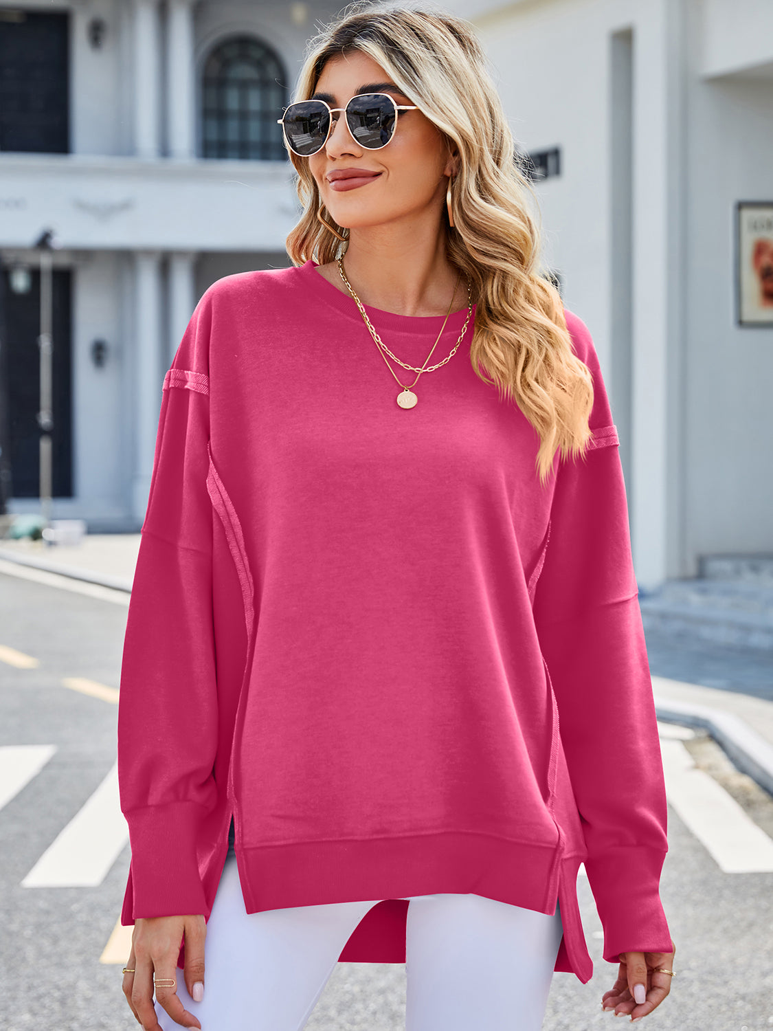 Lovelet Exposed Seam High-Low Round Neck Sweatshirt