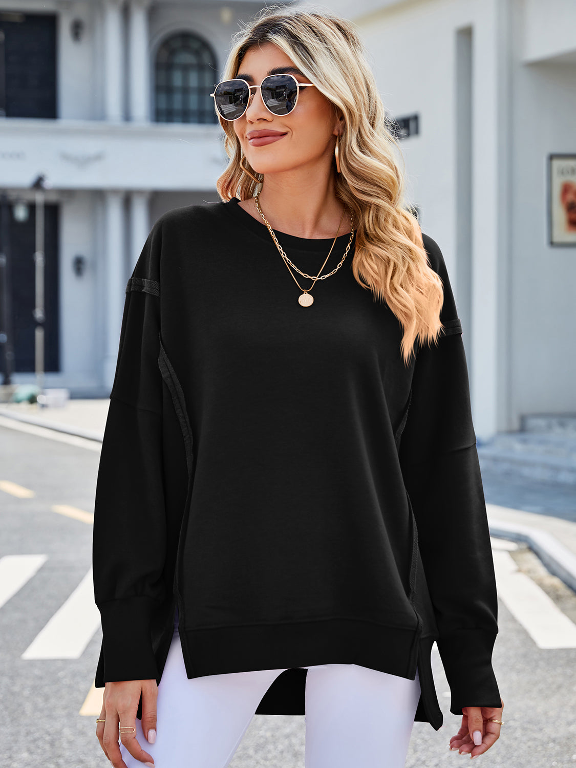 Lovelet Exposed Seam High-Low Round Neck Sweatshirt